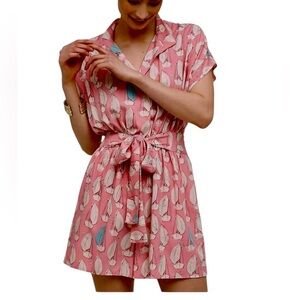 Maeve Anthropologie Tourista Romper Shorts Pink with White & Blue Sailboats